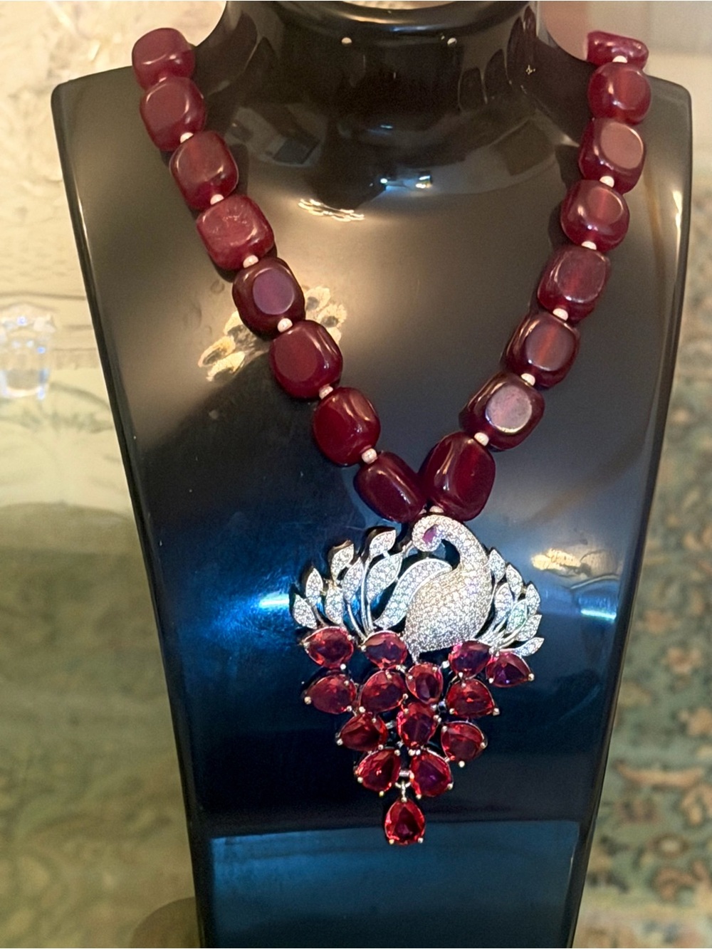 Burgundy Bead Necklace with Red Crystal Peacock Pendant